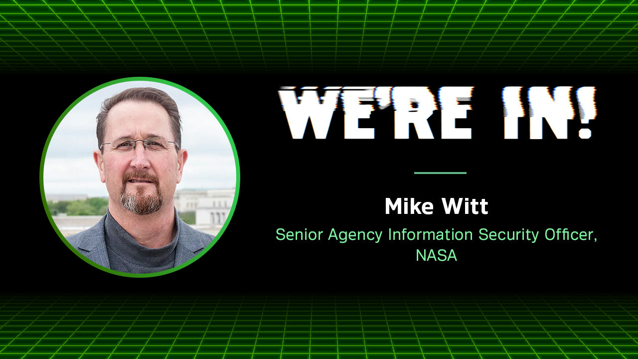 Mike Witt headshot on a stylized green and black background feautring WE'RE IN! podcsat logo.